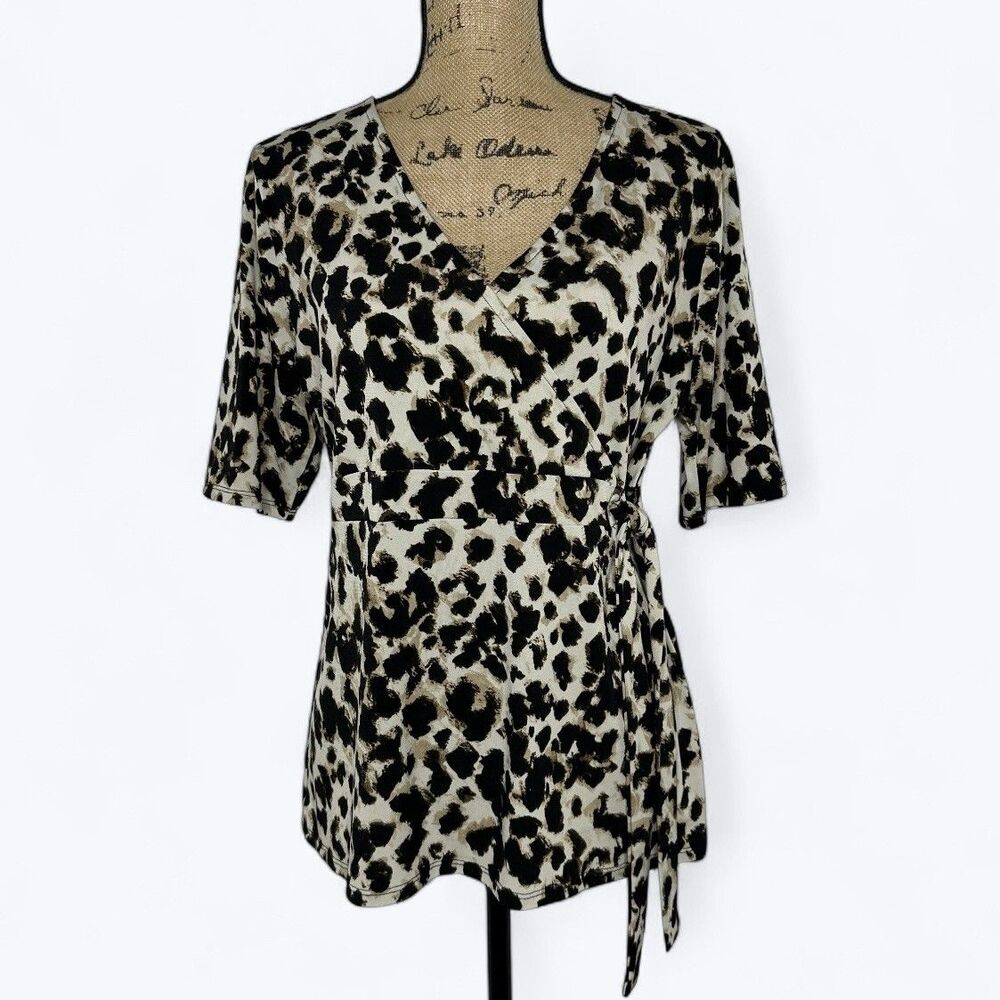 Merona Animal Print Faux Wrap Shirt Womens Sz XL Stretch Leopard Office Mob Wife